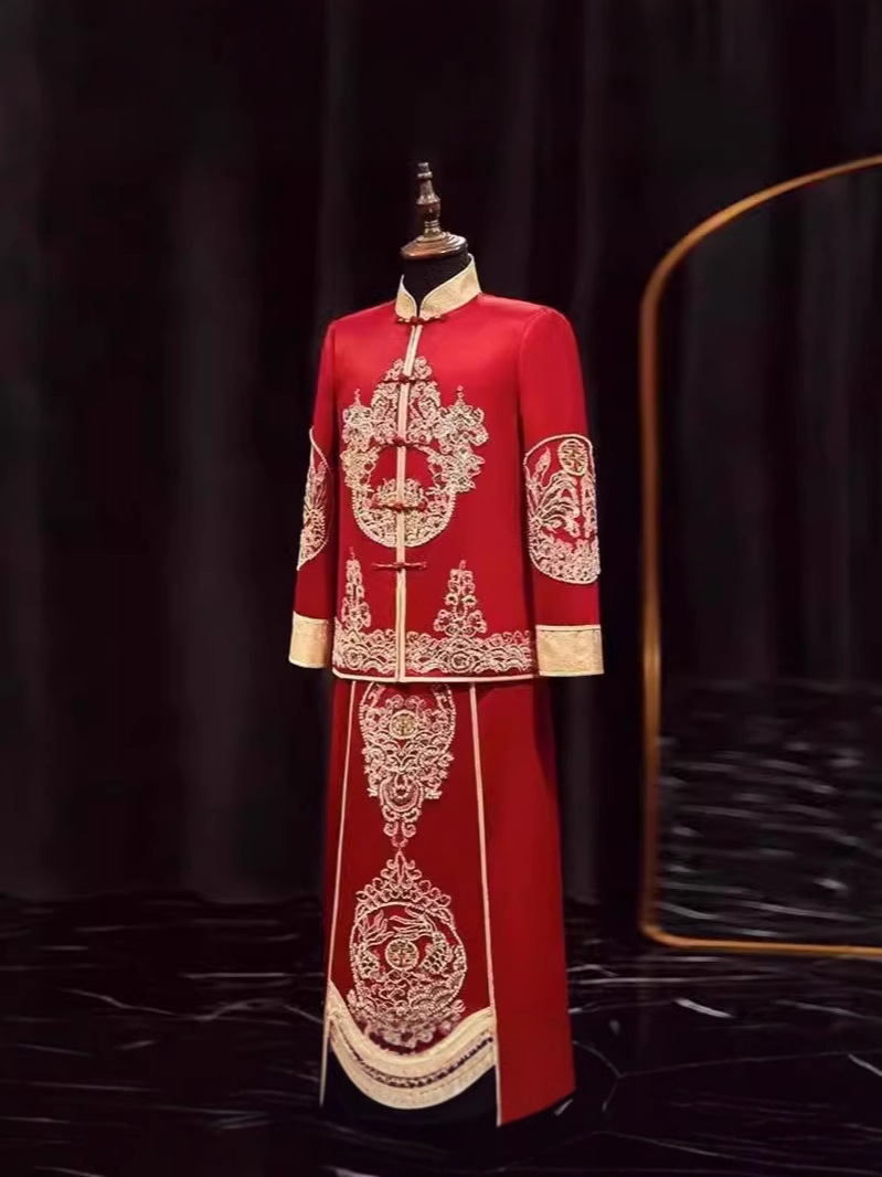 Men's Xiuhe Suit Groom 2024 Wedding Outfit for Receptions and Toasts, Men's Dragon and Phoenix Embroidered Tang Suit Chinese Style Formal Wear