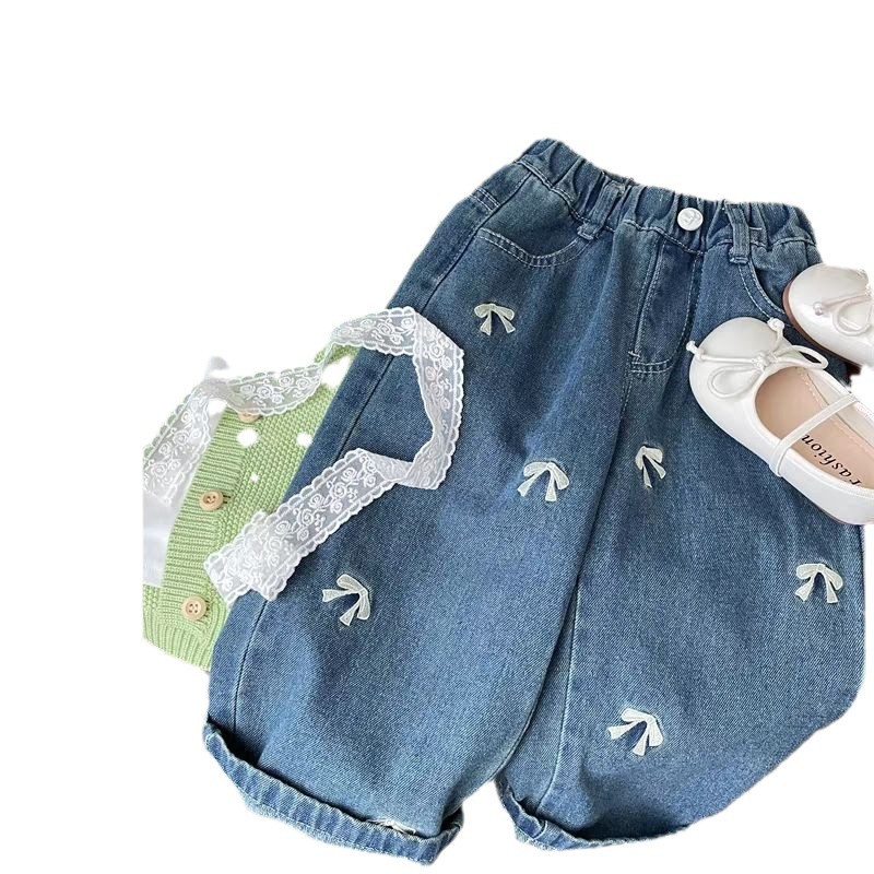 Girls' Jeans, Autum Straight-Leg Wide-Leg Pants, Kidsren's Pants with Embroider, Spring and Autum Style Long Pants for Kidsren with Flower Embroider