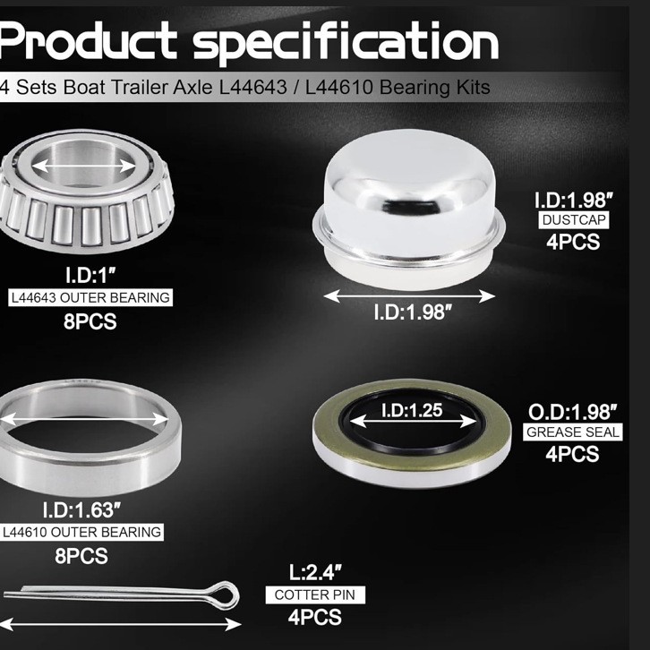 4 Sets Suitable for 1inch Shaft Trailer Hub Bearing Kit L44643/L44610