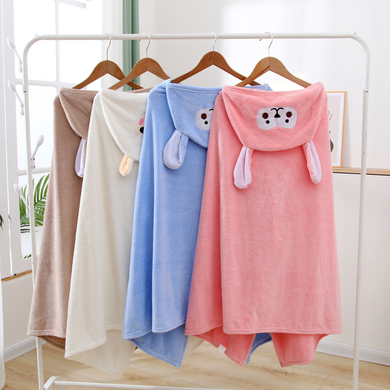 Coral Velvet Children's Hooded Bath Towel Manufacturer Wholesale Spot Thickened Water-Absorbent Non-Shedding Cute Cartoon Cloak Bath Towel