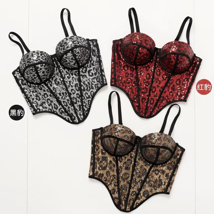 Cross-Border Leopard Print Mesh Fishbone Bra with Built-In Breast Pads, Back Buttons, Waist Shaping and Slimming Bra Camisole
