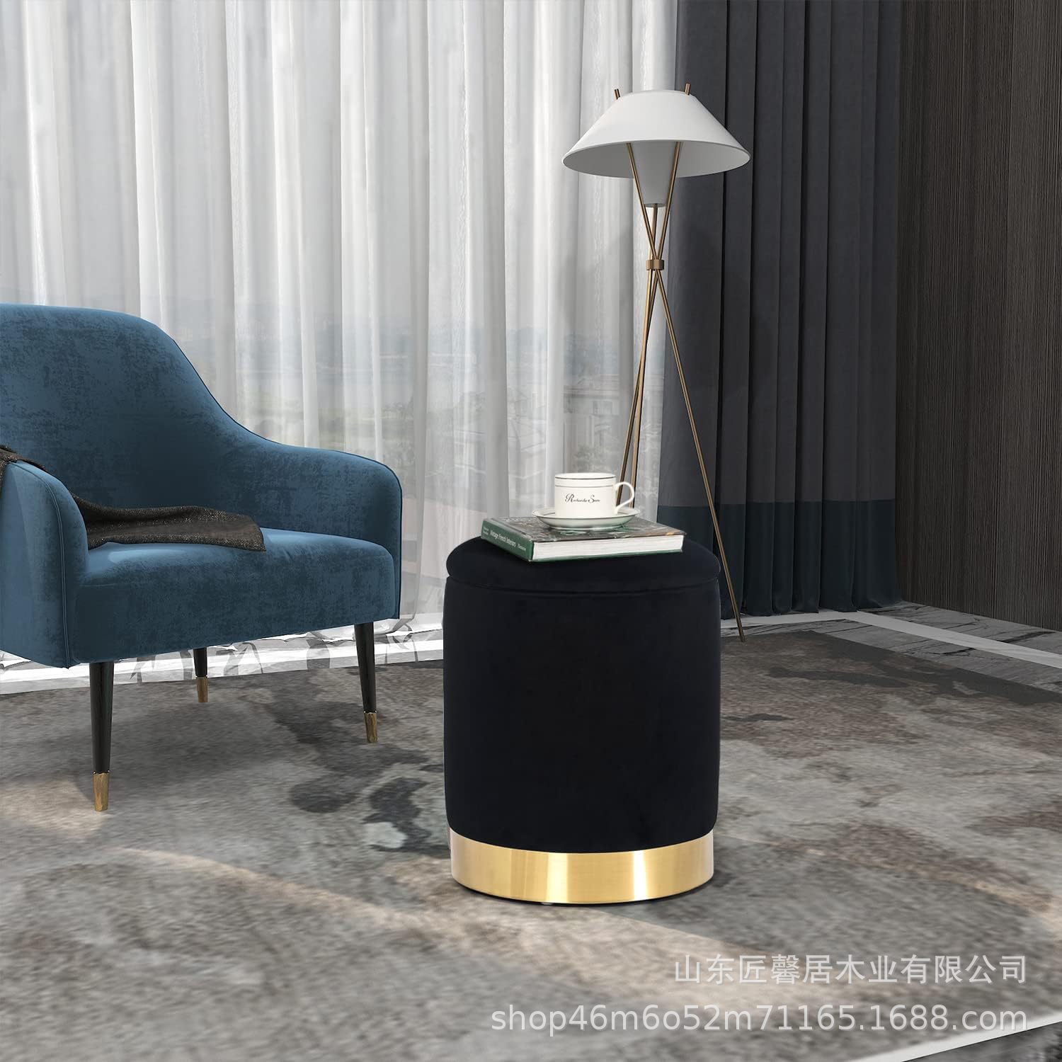Light Luxury Round Dressing Stool, Modern Living Room Shoe-Changing Stool, Gold-Edged Household Simple Sofa Round Stool, Makeup Stool