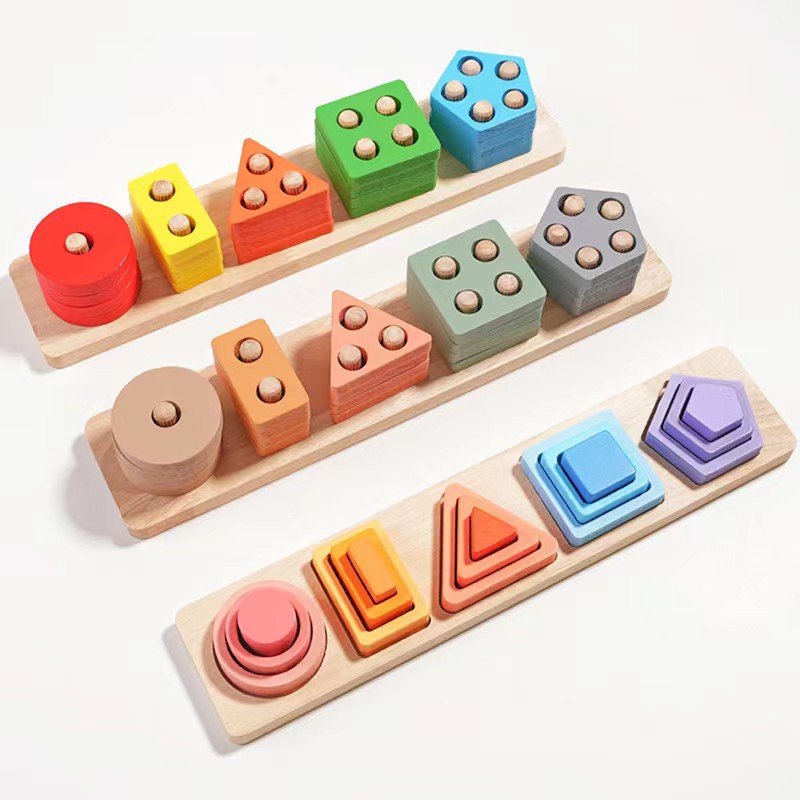 Cross-Border Cpc Kidsren's Scandinavian Style Morandi Color Five Sets of Columns Geometric Shapes Color Matching Building Block Set Column Toys