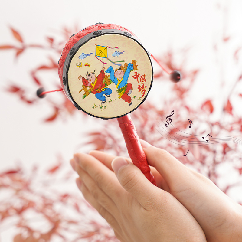 Rattle Baby Toy Classic Hand-Cranked Wave Drum Baby Wooden Plastic Traditional Kidsren Newborn Boys and Girls