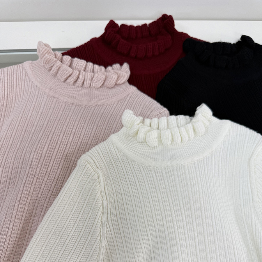 Новый вязаный базовый свитер для девочек на осень/зиму 2025, рифленый, облегающий, с рюшами