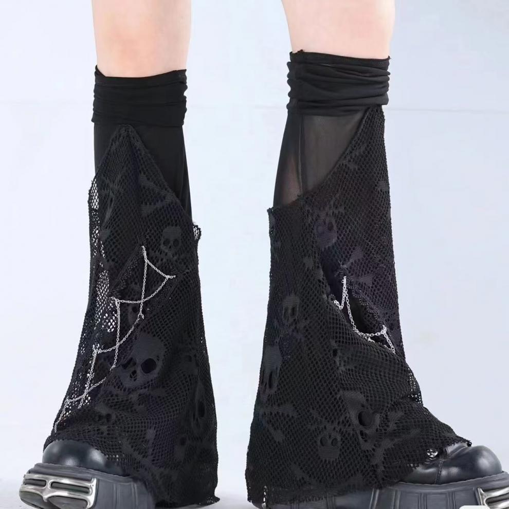Skull Over-The-Knee Leg Warmers, Sexy High Stockings, Hollow Dark Subculture Calf Socks, Mesh Flared Pile Socks