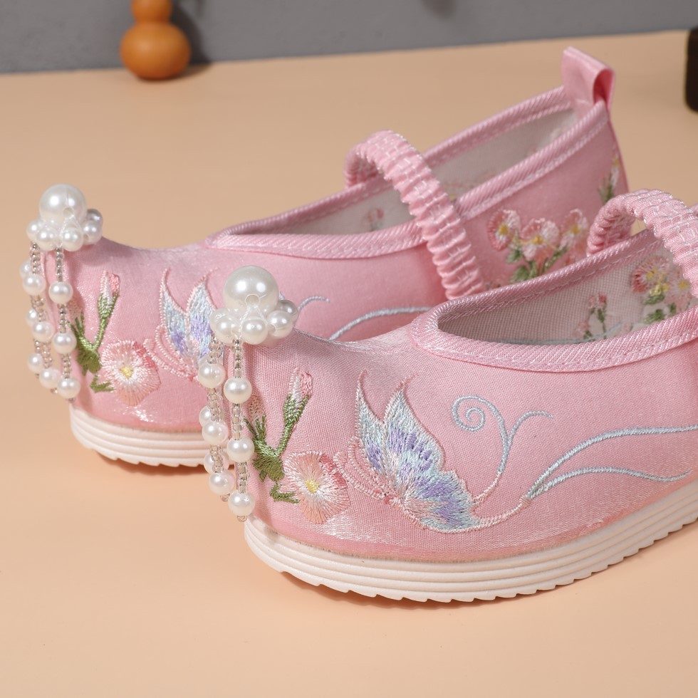 Children's Pearl Flower Butterfly Old Beijing Girl's Embroidered Shoes Hanfu Cloth Shoes Chinese Style Student's Ancient Costume Table Shoes