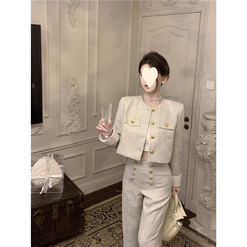 High-End French-Style Petite Fragrance Suit for Women, Spring and Autumn Outfit, Light Luxury High-End Jacket and Pants Two-Piece Set