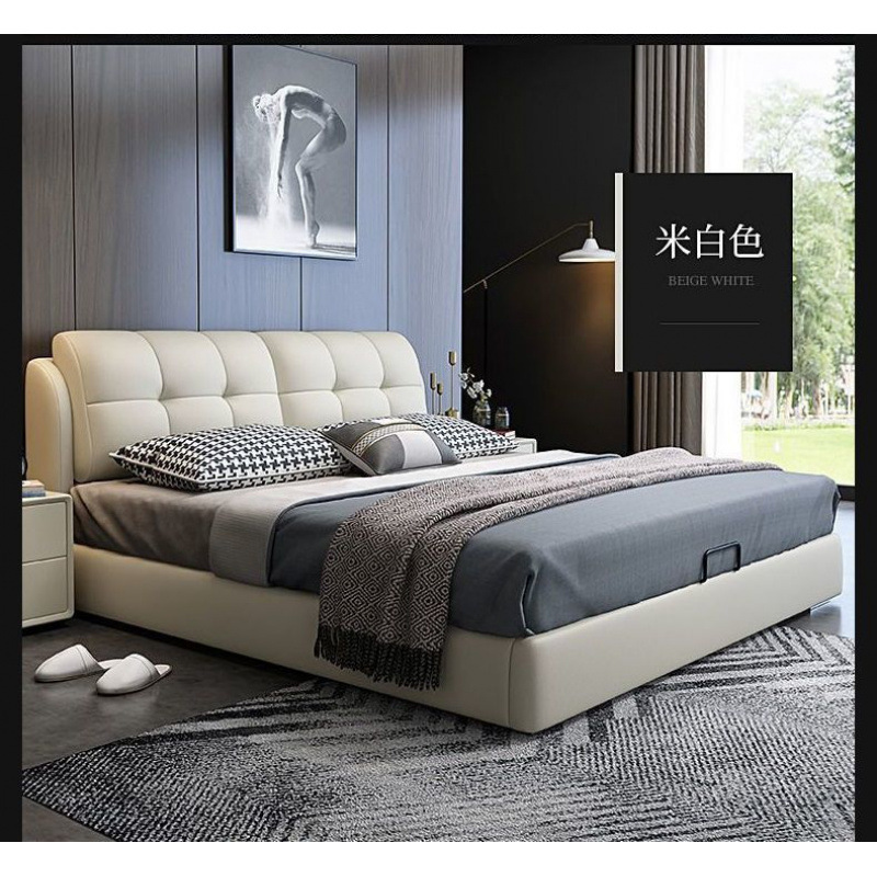 Light Luxury Solid Wood Leather Bed with Soft Upholstery, 1.8X 2m Master Bedroom Large Bed, Home Use Double Bed, Rental Room 1.5m Single Bed