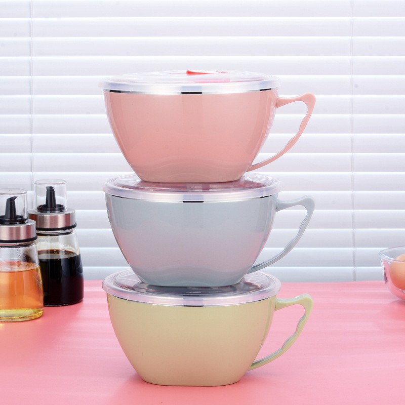 Оптовая чашка для лапши из нержавеющей стали 304 с крышкой, двойная изоляция, чаша против ожогов для студентов в общежитии