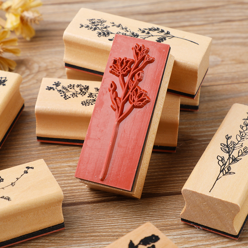 Exquisite Wooden Flowers and Plants Set Seal Creative Fresh Plant Hand Account DIY Diary Album Decorative Seal 8 Selection