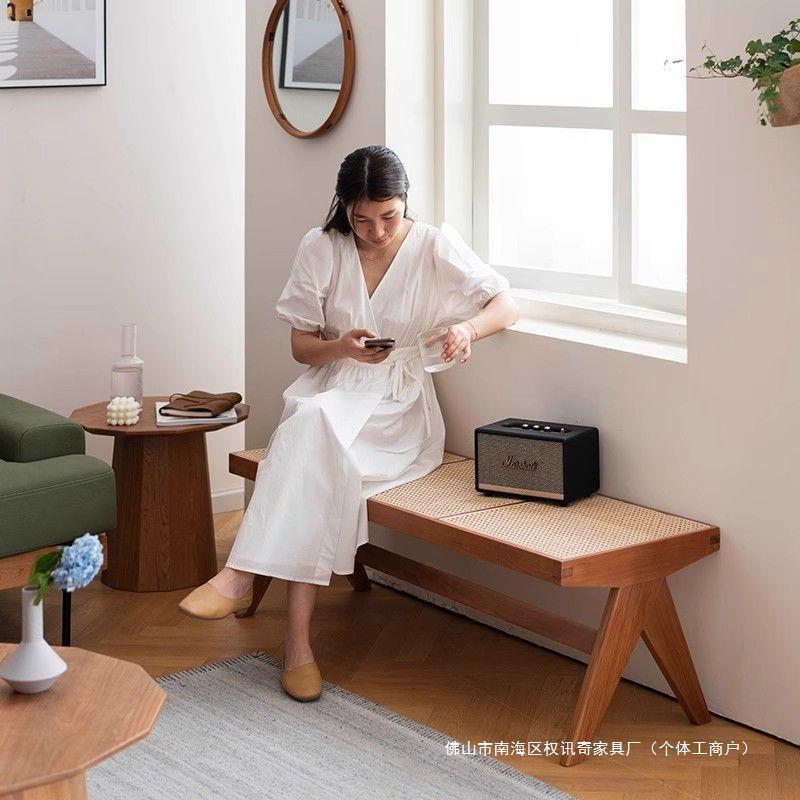 Nordic Solid Wood Bedroom Bed End Stool Rattan Bench Middle Ancient Long Stool Japanese Designer Home Homestay Shoe Changing Stool