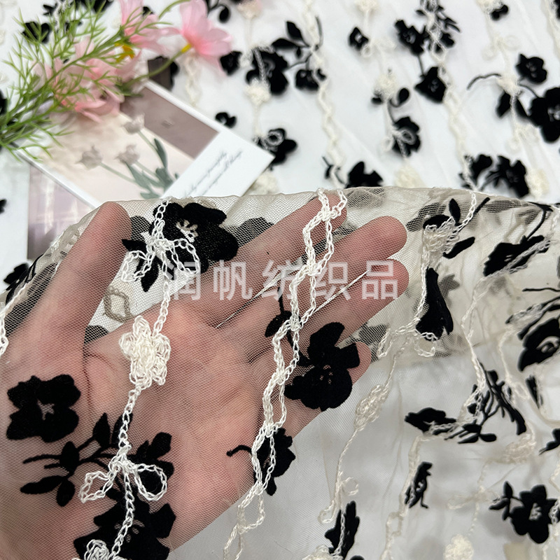 Mesh flocking fabric three-in-one ribbon embroidery small fresh printing lace accessories plum blossom embroidery fabric