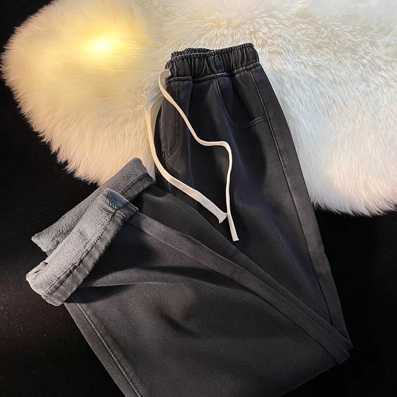 fleece-lined Thickened Jeans Men's Autumn and Winter All-match Straight Pants Loose Casual Wide Leg Long Pants Men's Wholesale