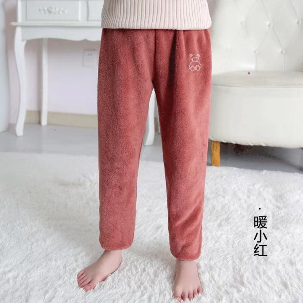 Children's pajama pants autumn and winter coral fleece warm pants for middle and big children fleece-lined thickened double-sided fleece warm home pants for boys and girls