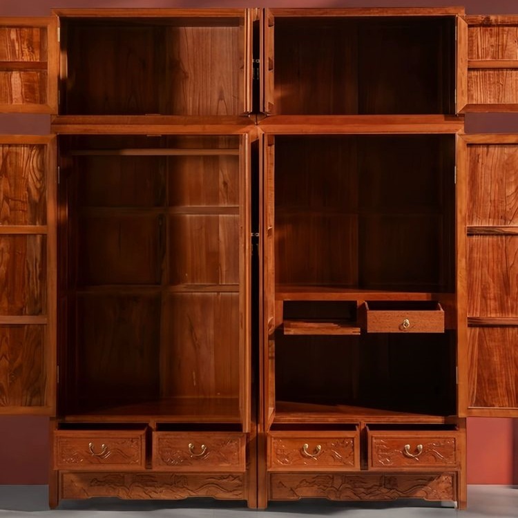 Chinese-Style Carved Bedroom Large Wardrobe Solid Wood Top Box Cabinet Combination Furniture 4-Door Assembled Cabinet Storage Cabinet Golden Rosewood