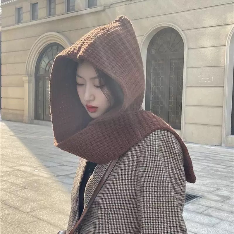 Winter Hat and Scarf Two-Piece Set, Solid Color Warm Knit Hat, Raffia Cape, Versatile Fashion Hooded Shawl