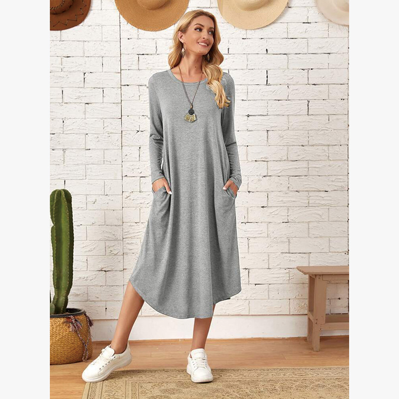 2022 New Autumn and Winter European and American Clothing Pure Color Knitted Side Seam Straight Flap Pocket Pants Curved Hem Loose Dress