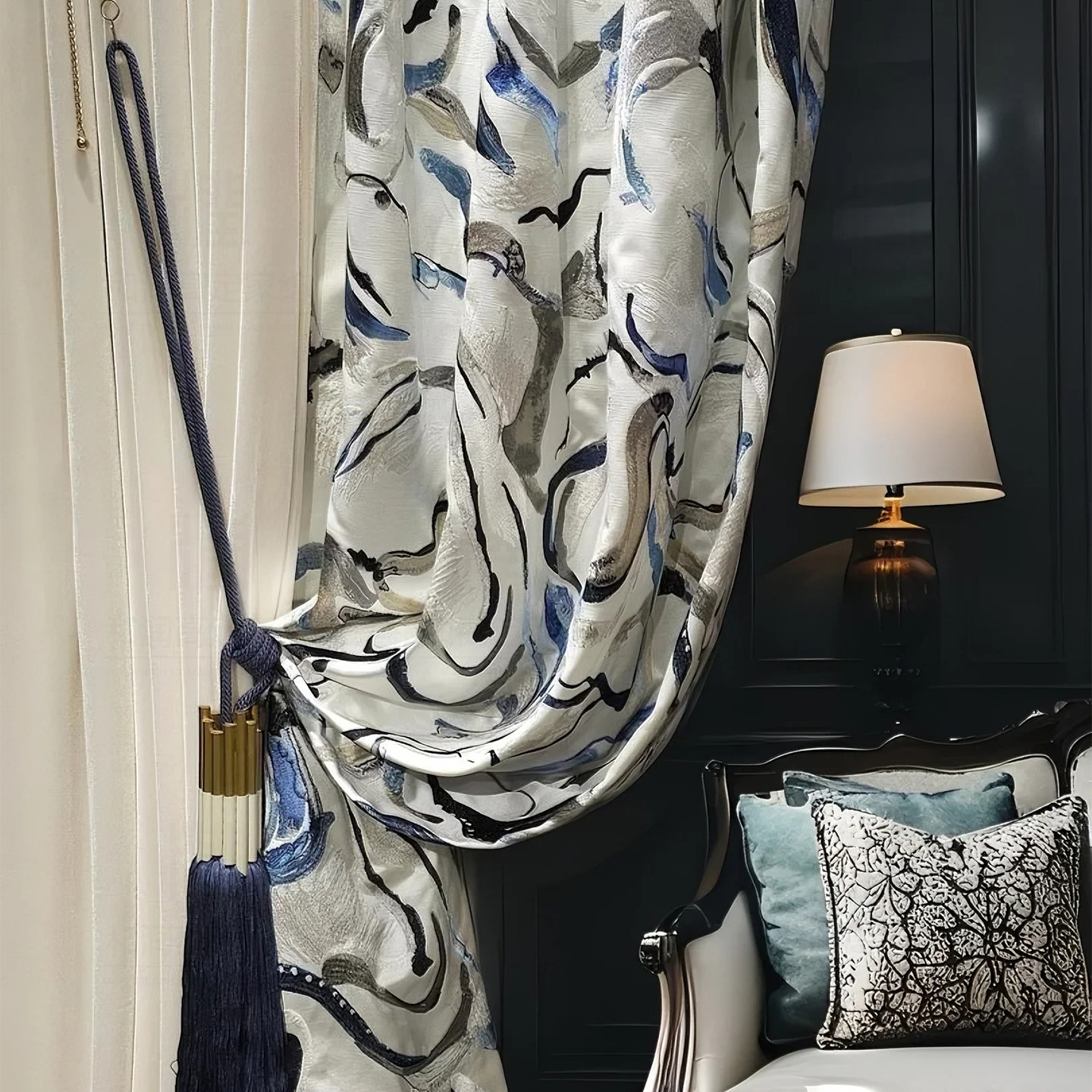 Легкие французские современные легкие роскошные шторы с чернильной вышивкой, высокоточные, новый китайский стиль, для виллы, гостиной и высококачественной спальни