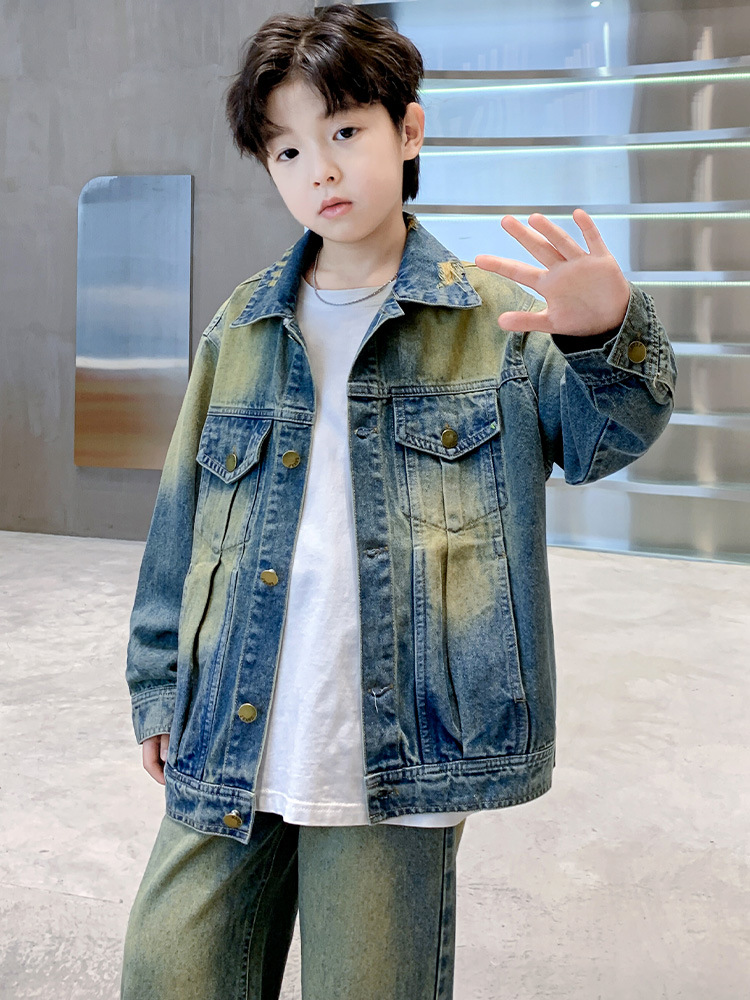 2025 new spring and autumn European and American fashion retro cool children's Denim suit big children's Denim two-piece set