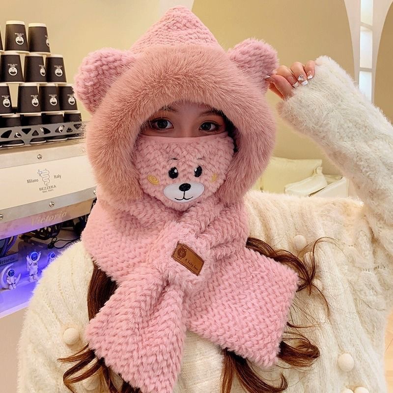 Hat and Scarf All-In-One Women's Autumn and Winter Bear Cold-Proof and Ear-Protecting Cute Plush Gloves and Masks Versatile Style