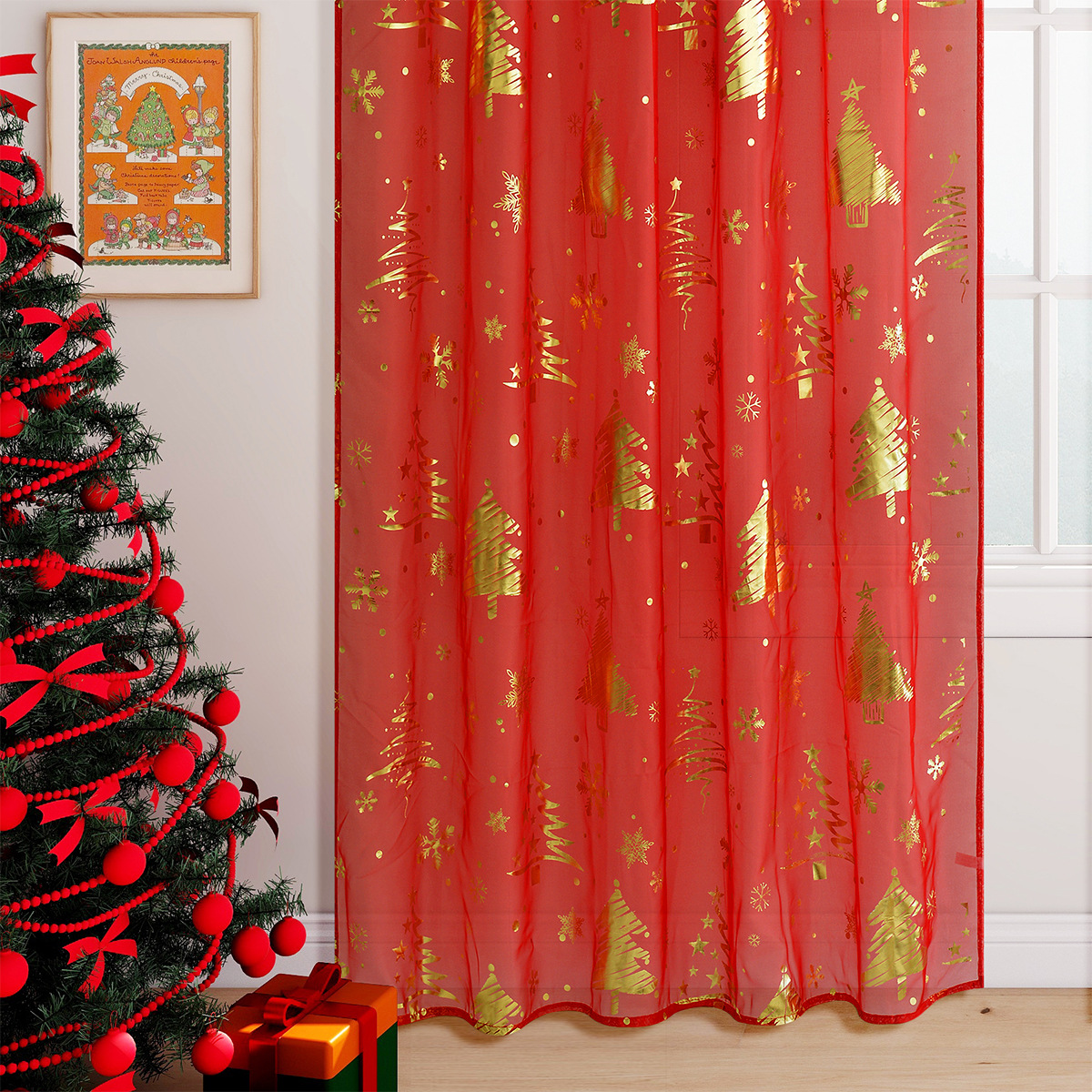 Fabric in Stock Wholesale Single Roll Trilobin Snowflake Christmas Curtain 300cm 45Gsm Element Full Blackout