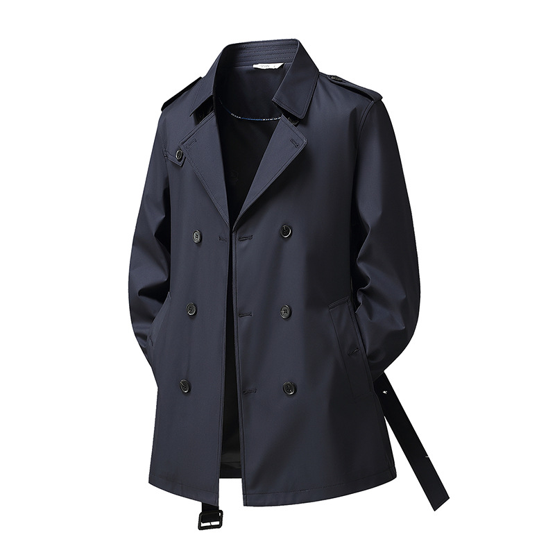 7985-Double-Breasted Mid-Length Windbreaker Men's British Style Outwear Autumn and Winter Lace-Up Jacket