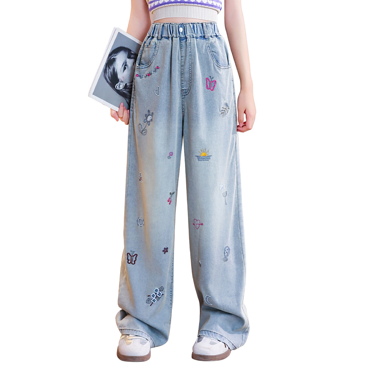 Girls' 2025 New Tencel Jeans Summer Children's Mosquito-Proof Pants Stylish Summer Wear Big Children's Ice Silk Wide-Leg Pants