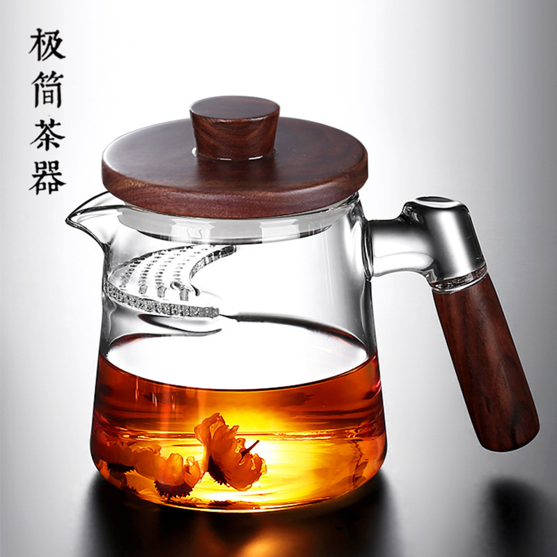 Thickened Crescent-Shaped Glass Teapot with Integrated Tea Strainer, Green Tea Infuser, Tea Cups, Fair Cup, Tea Set, Silk Flower