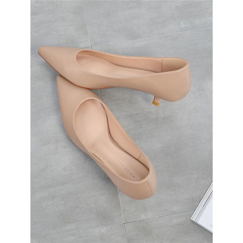 2025 Spring and Autum 5cm Nude High Heels Women's Stiletto New Shallow Mouth Bridesmaid Shoes Pointed Toe Flats Genuine Leather