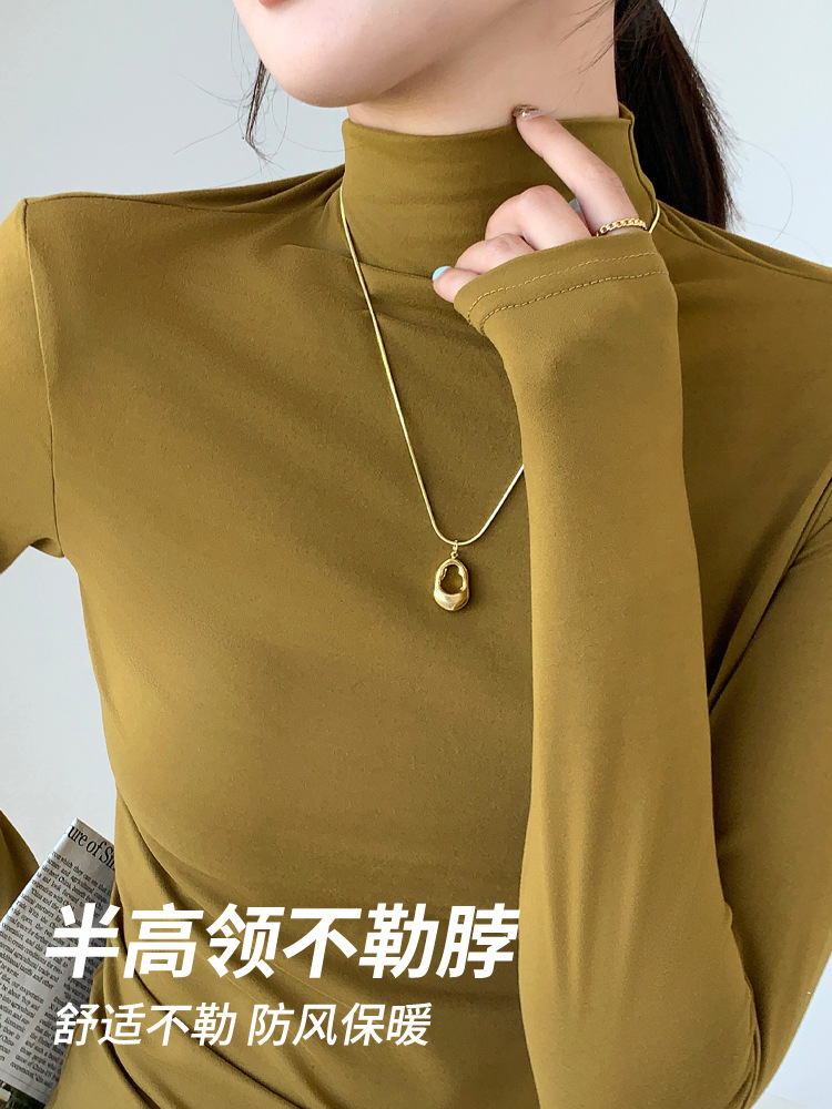 H528 Half-high Collar Mask Shirt Women's Inner Wear Autumn and Winter Sanding Base Shirt Slim-fit Warm Outer Wear Long-sleeved T-shirt Top