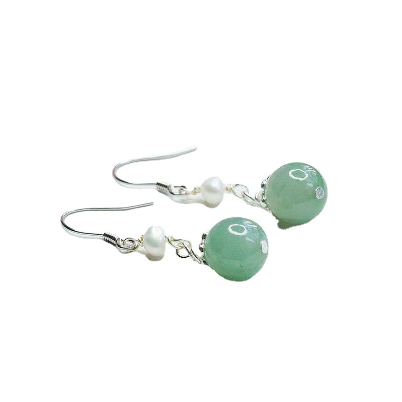 Yuyu S925 Silver Inlaid Jade Pearl Ear Hook Earrings Jade Earrings Jewelry Live FC1072544