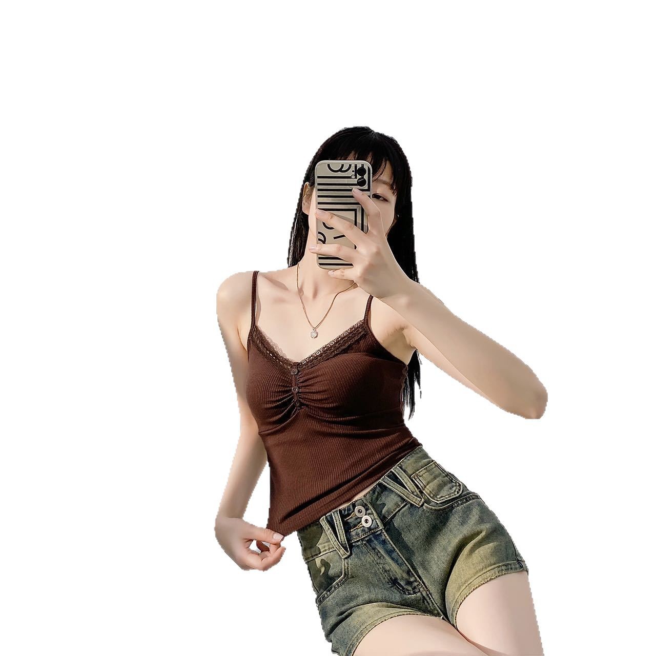 9125# Spring and Summer New Pleated V-neck Lace Sling Women's Simple Solid Color Inner Vest Design Sleeveless Top