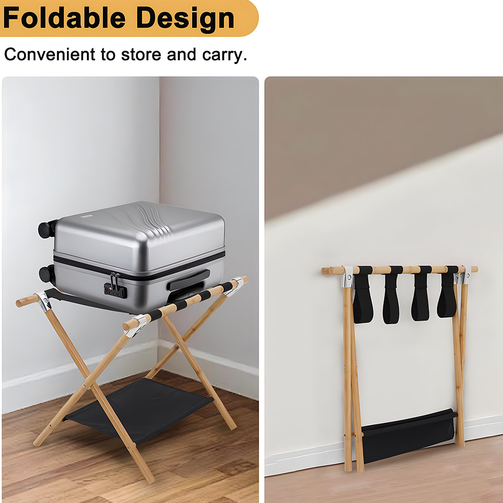 Foldable Bamboo Travel Luggage Rack, Portable Suitcase Storage Rack, Hotel and B&B Shoe Storage Rack Made of Bamboo