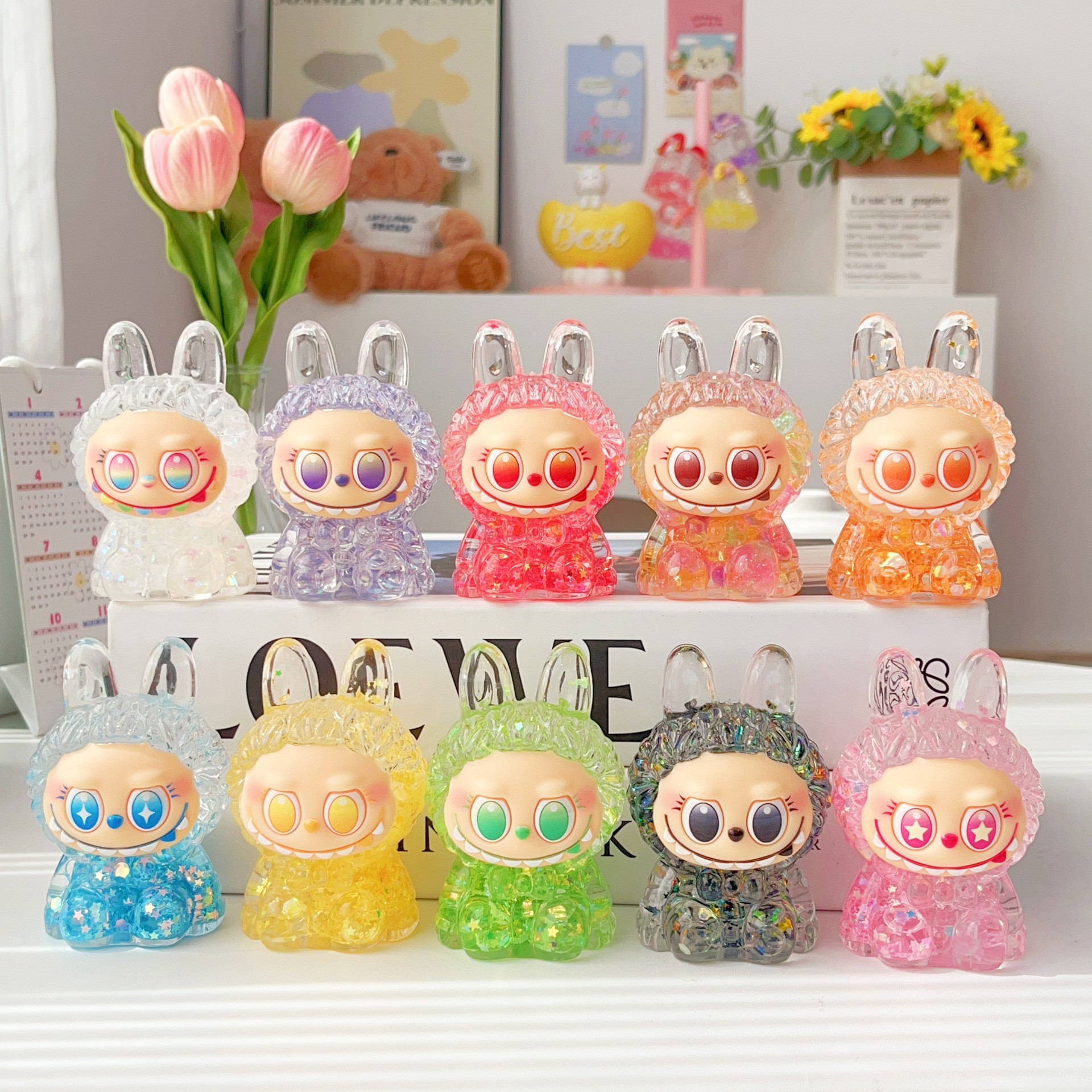 Tiktok 8cm Giant Labubu Figurine Oil Milk Bean Flowing Sand DIY Accessories Acrylic Wholesale Gift Holiday