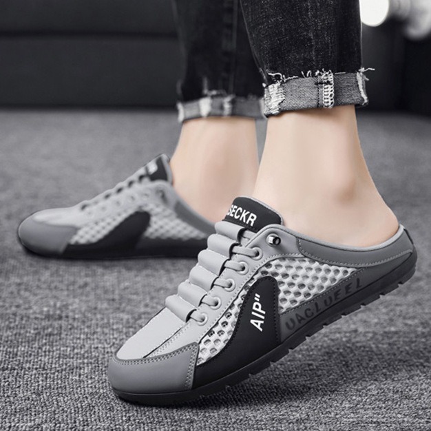 Men's Summer Breathable Mesh Half Slippers Slip-on Outdoor Lazy Shoes Fashionable All-match Soft-soled Casual Bean Shoes