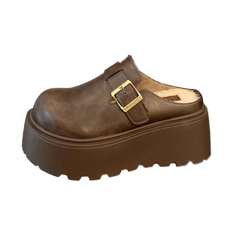 Plush Fleece-Lined Height-Increasing Slippers, Cotton Shoes, Fairy Closed-Toe New Thick-Soled Half-Slippers, Birkenstock Style, 2024 Warm