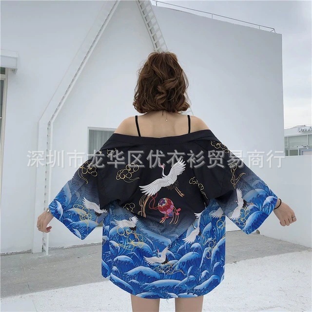 2024 Amazon Cross-border New Japanese Crane Digital Printed Kimono Men's and Women's Cloak Jacket Pajamas Cardigan Summer