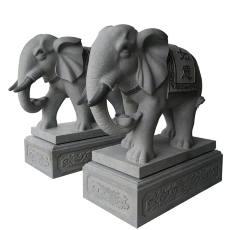 Stone Carved Pair of Elephants Made of Sesame White and Green Stone for Home Entrance Decoration, Villa Courtyard Guardian, Water-Absorbing Small Stone Elephants