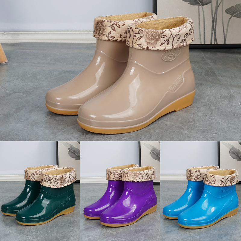 Women's Short Rain Boots Spring and Autumn Casual Korean Style Cotton Warm-keeping Removable and Washable Car Kitchen Thick Bottom Shallow Mouth Low-top Water Boots for Women