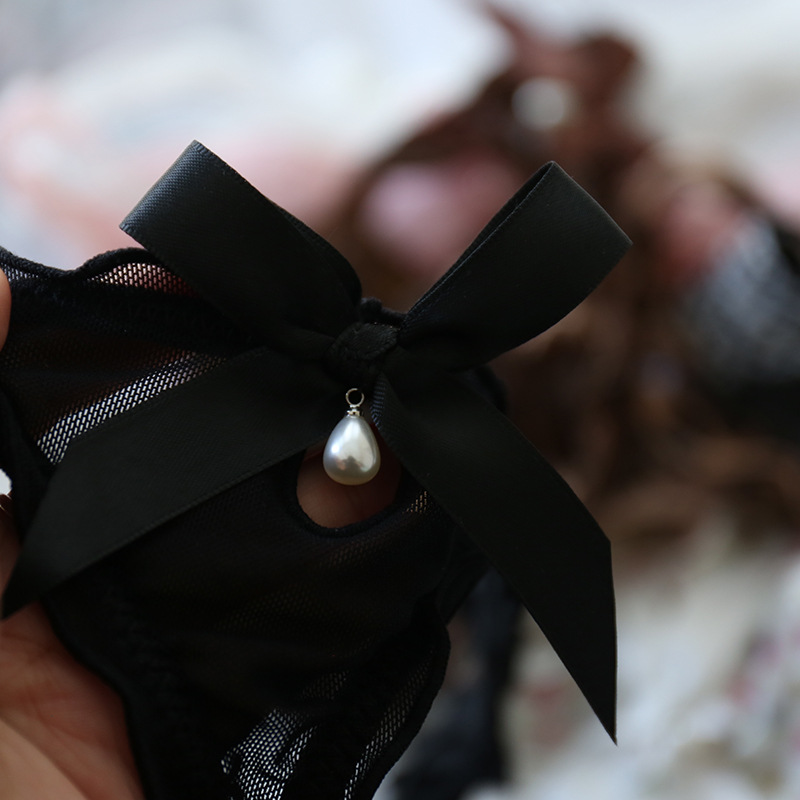 A431 mesh pearl thong girl cute hollow bow low waist panties sexy sweet leopard print