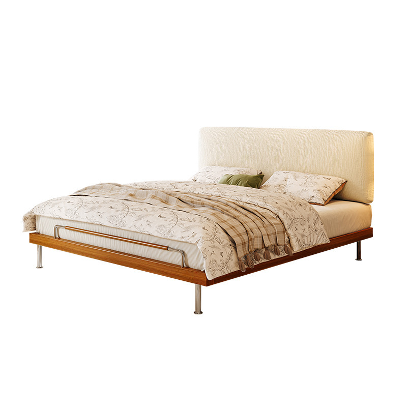 Tongyu Special Vintage Mid-Century Style Ultra-Thin Headboard Adjustable and Removable Solid Wood Chenille Fabric Double Master Bedroom King Bed