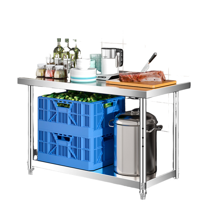 Two-Story Commercial Workbench, Stainless Steel Kitchen Workbench, Rectangular Restaurant Vegetable Cutting Table, Stainless Steel Workbench