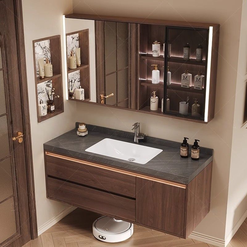Шкаф для ванной в китайском стиле с интегрированным керамическим умывальником из ореха и набором из сланцевого умывальника