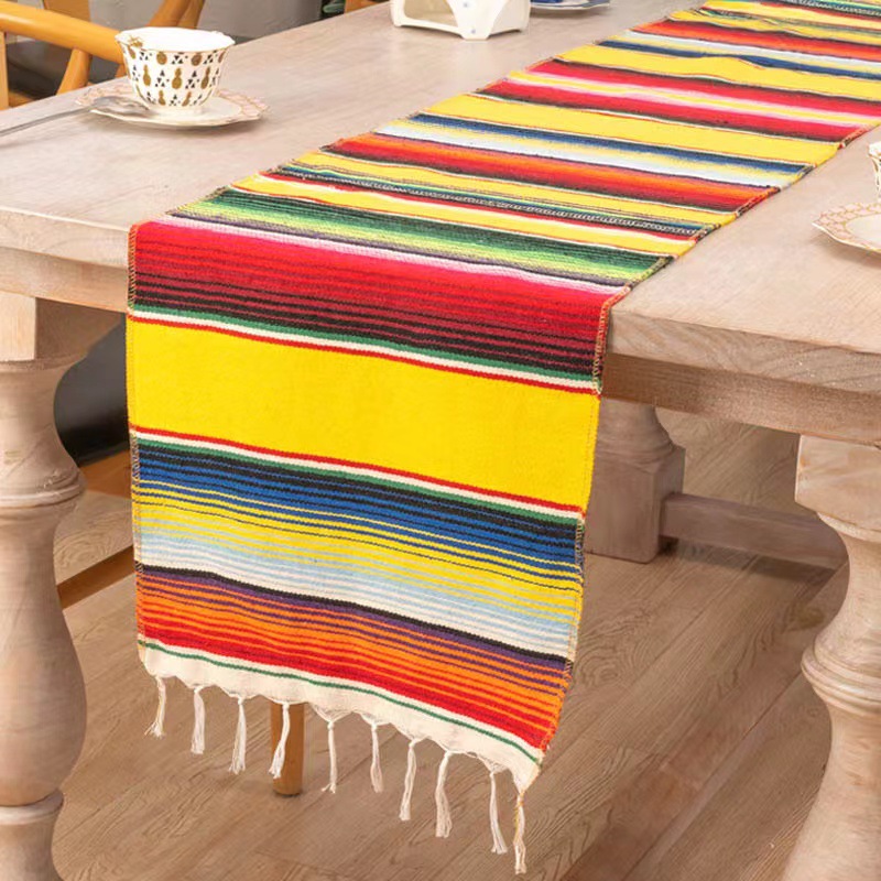 In Stock Mexican Style Amazon AliExpress Blanket Mexican Party Tablecloth Table Runner Woven Tablecloth Tassel