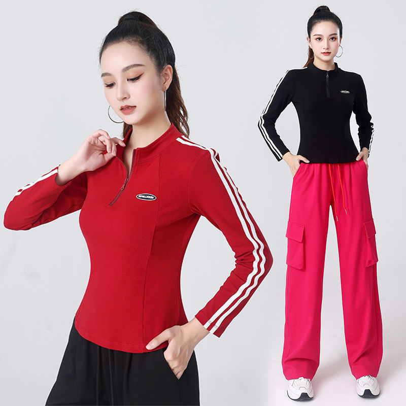 2024 Autumn New Half Zipper Long Sleeve Square Dance Slim Sports Clothing Women's Cotton Spot Suit