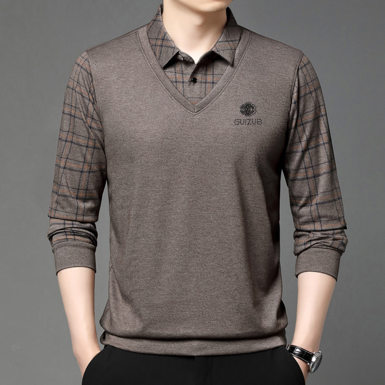 осенний новый фейковый двухслойный длинный рукав, бизнес-кэжуал поло для мужчин, контрастная клетка