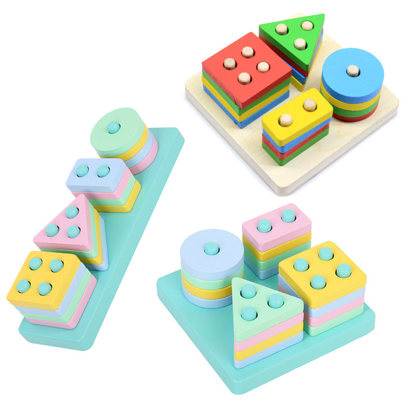 Early Education Educational Toys Wooden Four Sets of Columns Five Sets of Columns Intelligence Montessori Geometric Shape Cognitive Matching Building Blocks Cross-Border