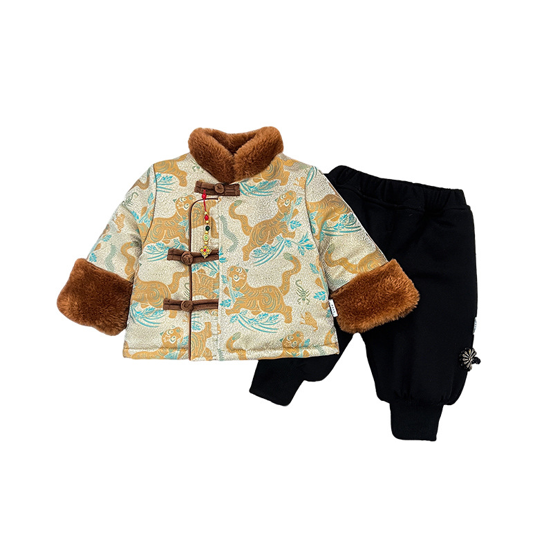 New Chinese-Style Printed Button Jacket Winter New Retro Boys' Fleece Thickened Tang Suit New Year Outfit Set
