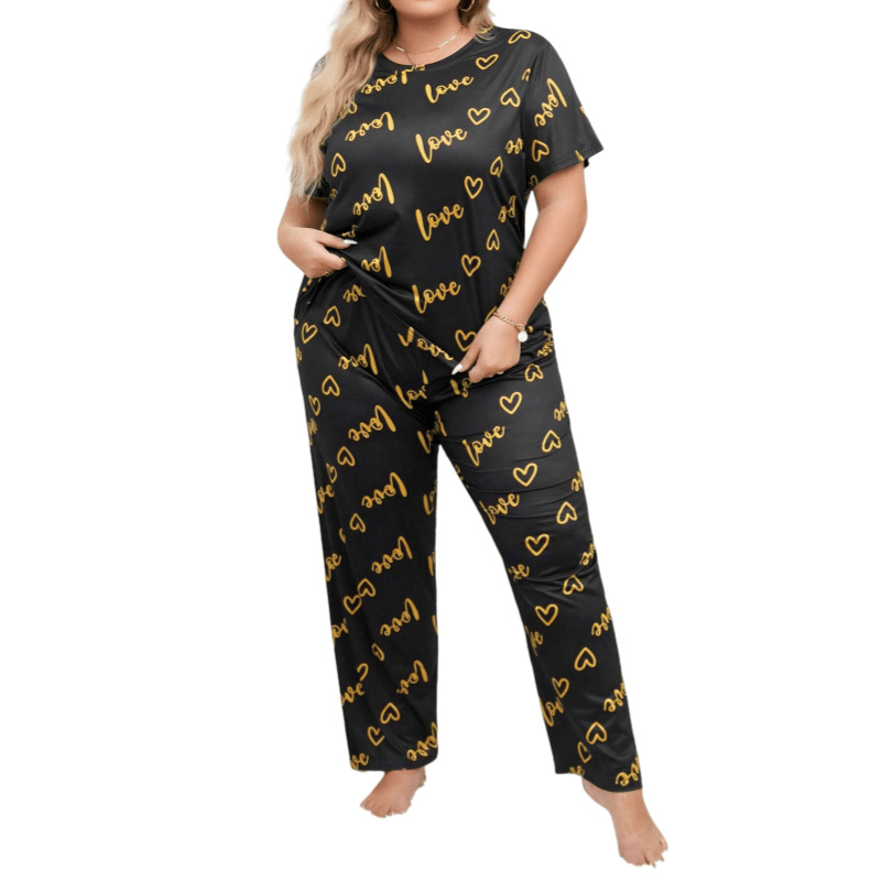 European and American Style Plus-Size Loungewear for Big and Tall Women, Oversized Heart-Shaped Crew Neck Short-Sleeve Long Pants Women's Pajama Set